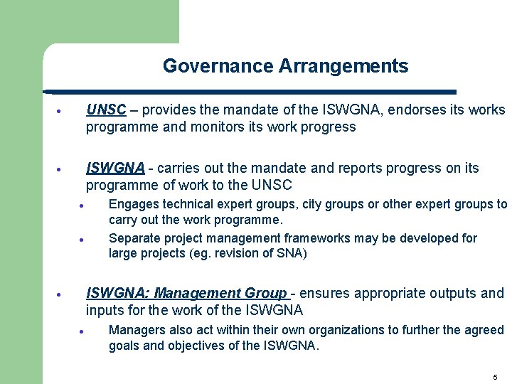 Governance Arrangements ∙ UNSC – provides the mandate of the ISWGNA, endorses its works Governance Arrangements ∙ UNSC – provides the mandate of the ISWGNA, endorses its works