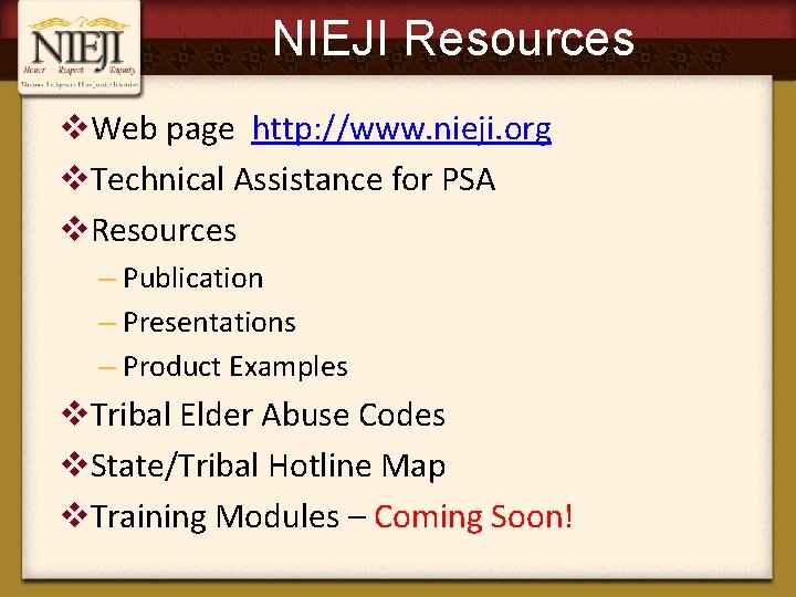 NIEJI Resources v. Web page http: //www. nieji. org v. Technical Assistance for PSA