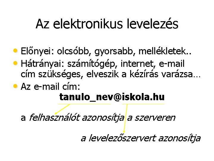 Az elektronikus levelezés • Előnyei: olcsóbb, gyorsabb, mellékletek. . • Hátrányai: számítógép, internet, e-mail