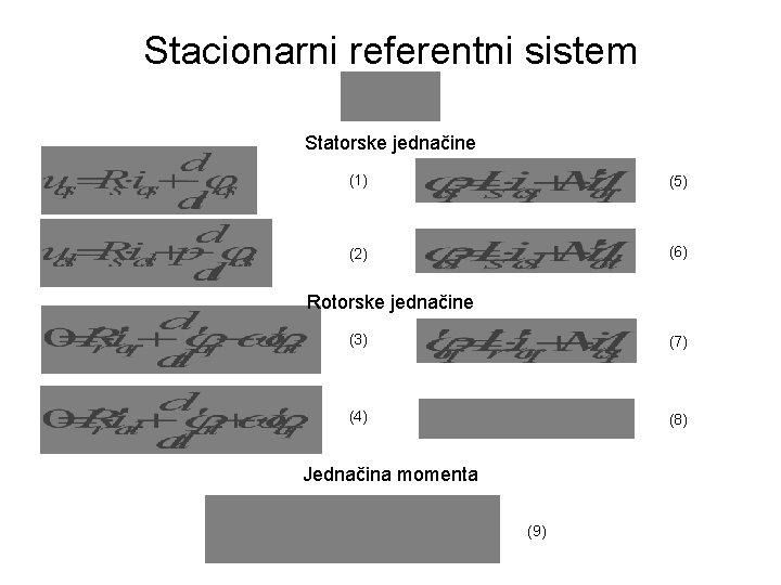 Stacionarni referentni sistem Statorske jednačine (1) (5) (2) (6) Rotorske jednačine (3) (7) (4)