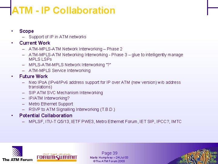 ATM - IP Collaboration • Scope – Support of IP in ATM networks •