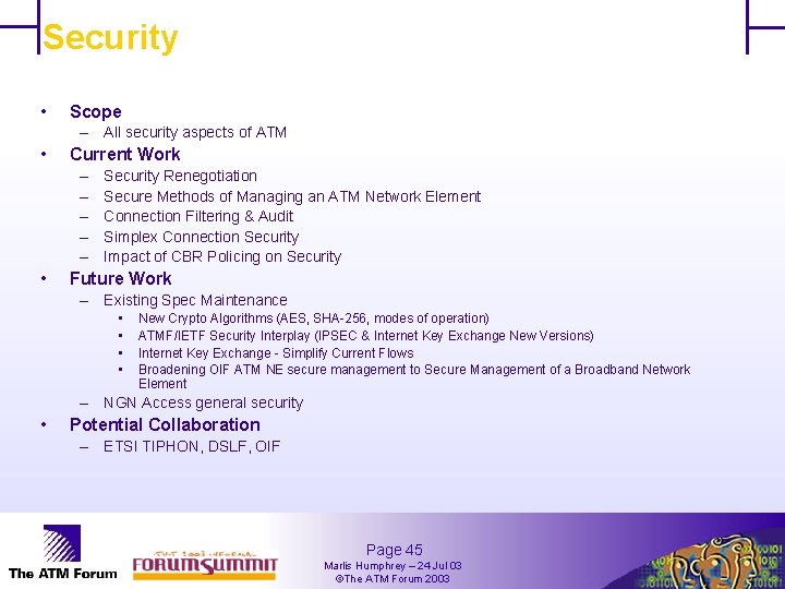 Security • Scope – All security aspects of ATM • Current Work – –