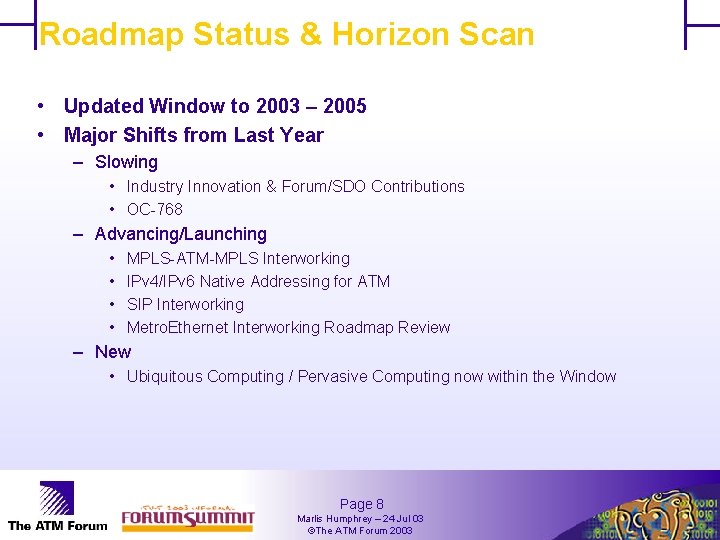 Roadmap Status & Horizon Scan • Updated Window to 2003 – 2005 • Major