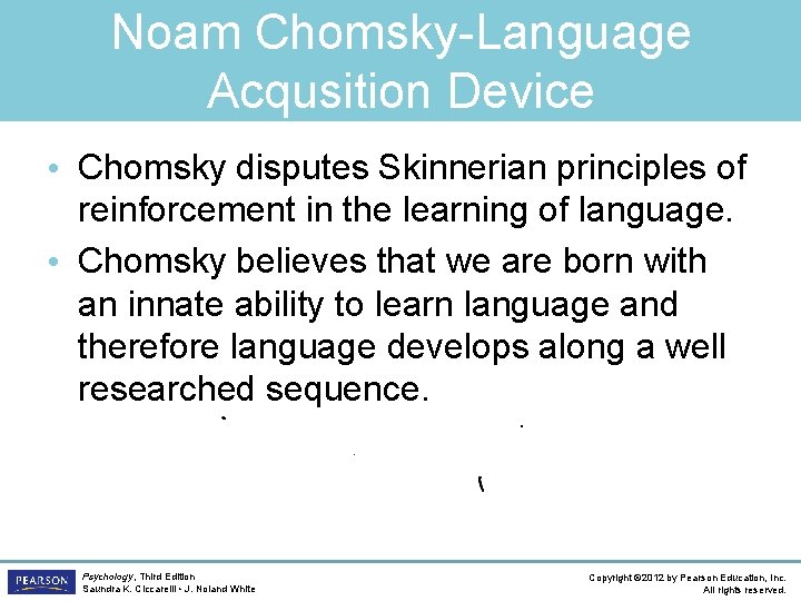 Noam Chomsky-Language Acqusition Device • Chomsky disputes Skinnerian principles of reinforcement in the learning