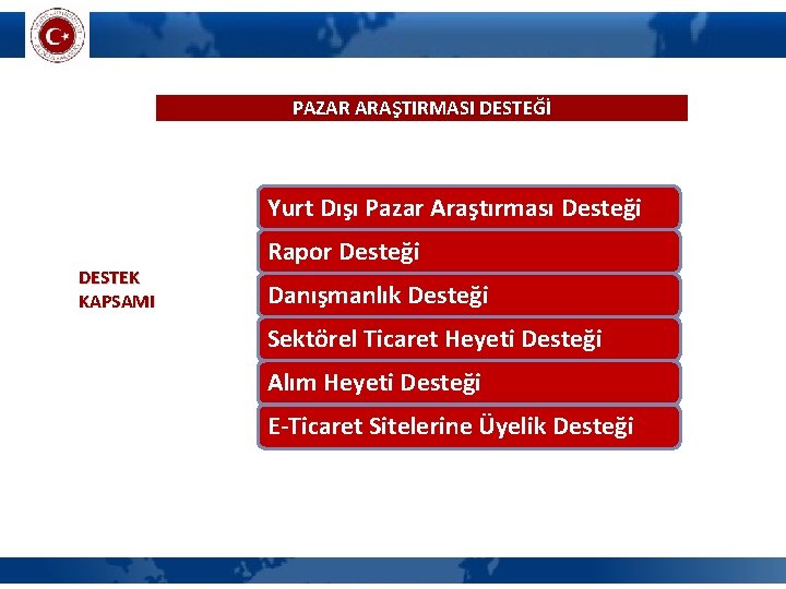 PAZAR ARAŞTIRMASI DESTEĞİ Yurt Dışı Pazar Araştırması Desteği DESTEK KAPSAMI Rapor Desteği Danışmanlık Desteği