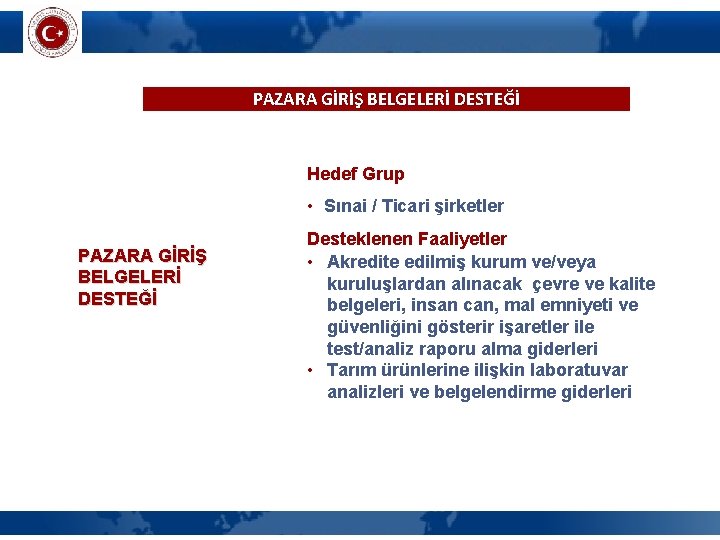 PAZARA GİRİŞ BELGELERİ DESTEĞİ Hedef Grup • Sınai / Ticari şirketler PAZARA GİRİŞ BELGELERİ