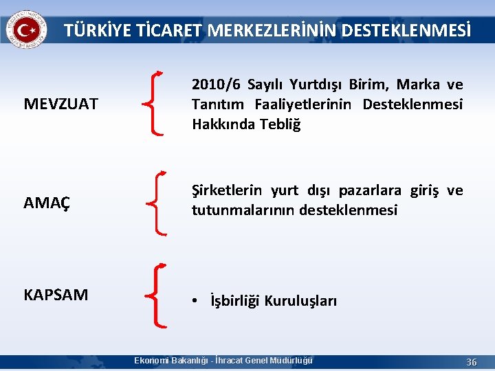 TÜRKİYE TİCARET MERKEZLERİNİN DESTEKLENMESİ MEVZUAT 2010/6 Sayılı Yurtdışı Birim, Marka ve Tanıtım Faaliyetlerinin Desteklenmesi