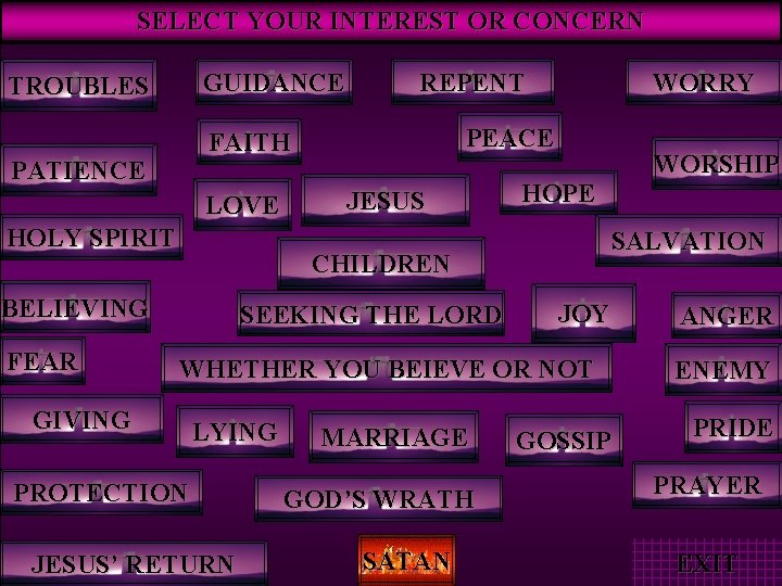 SELECT YOUR INTEREST OR CONCERN GUIDANCE TROUBLES LOVE HOLY SPIRIT WORRY PEACE FAITH PATIENCE