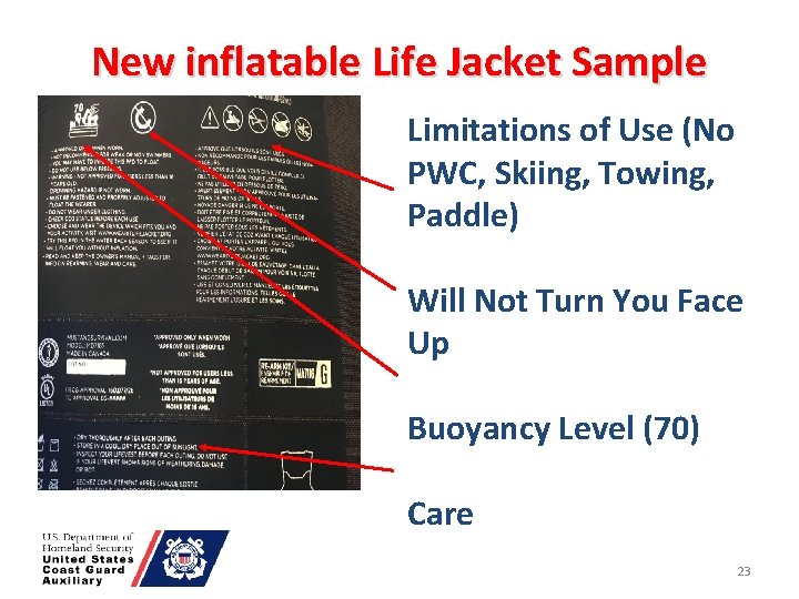 New inflatable Life Jacket Sample Limitations of Use (No PWC, Skiing, Towing, Paddle) Will