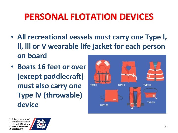 PERSONAL FLOTATION DEVICES • All recreational vessels must carry one Type l, ll, lll