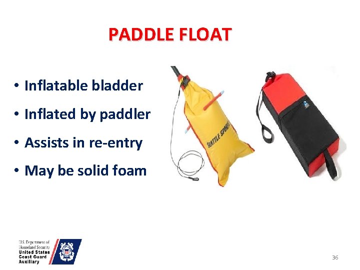 PADDLE FLOAT • Inflatable bladder • Inflated by paddler • Assists in re-entry •