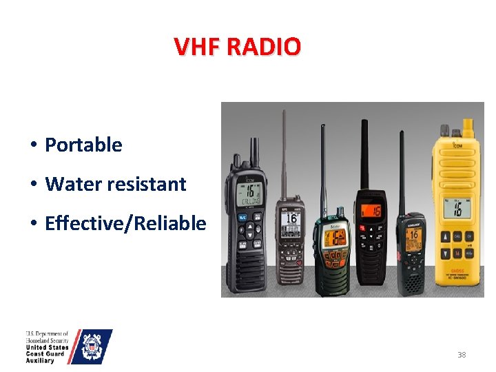 VHF RADIO • Portable • Water resistant • Effective/Reliable 38 