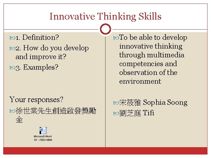 Innovative Thinking Skills 1. Definition? 2. How do you develop and improve it? 3.