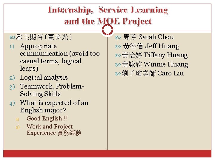 Internship, Service Learning and the MOE Project 雇主期待 (臺美光） 周芳 Sarah Chou 1) Appropriate