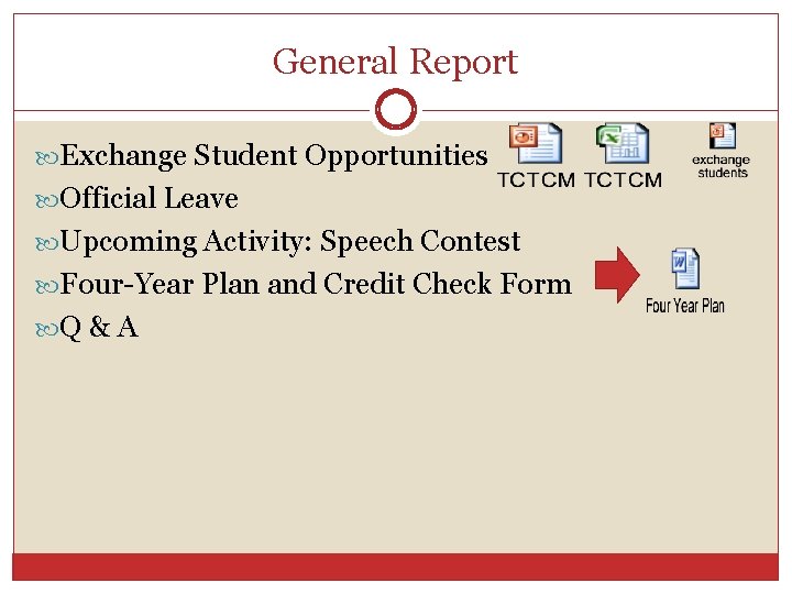 General Report Exchange Student Opportunities Official Leave Upcoming Activity: Speech Contest Four-Year Plan and