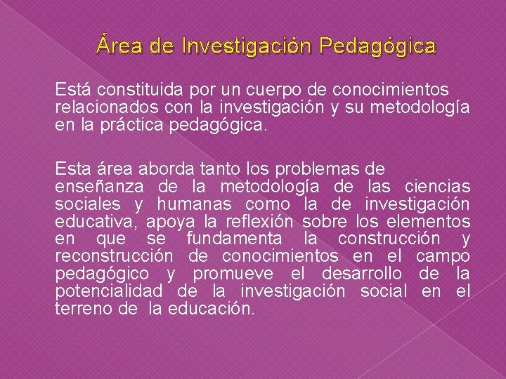 Área de Investigación Pedagógica Está constituida por un cuerpo de conocimientos relacionados con la Área de Investigación Pedagógica Está constituida por un cuerpo de conocimientos relacionados con la