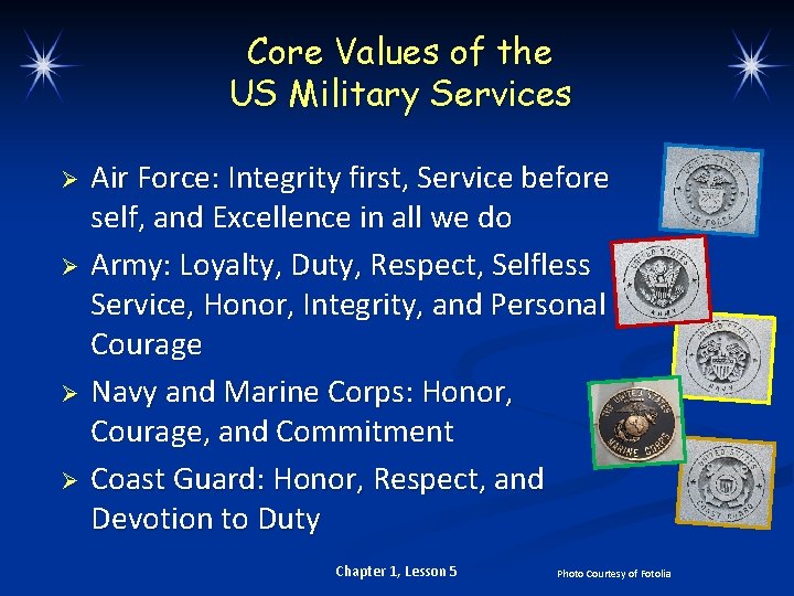 Core Values of the US Military Services Ø Ø Air Force: Integrity first, Service Core Values of the US Military Services Ø Ø Air Force: Integrity first, Service