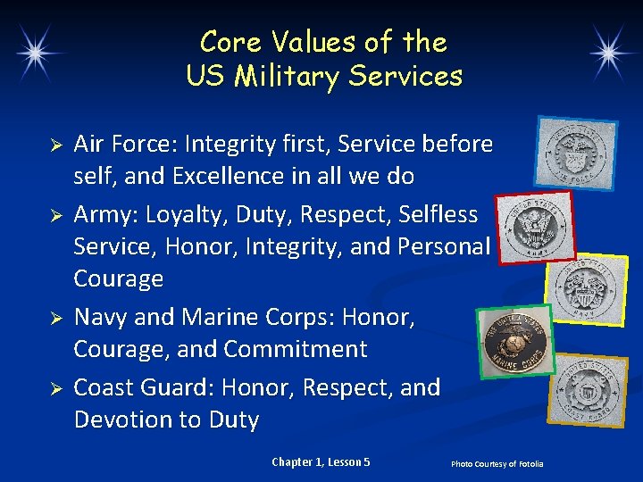 Core Values of the US Military Services Ø Ø Air Force: Integrity first, Service