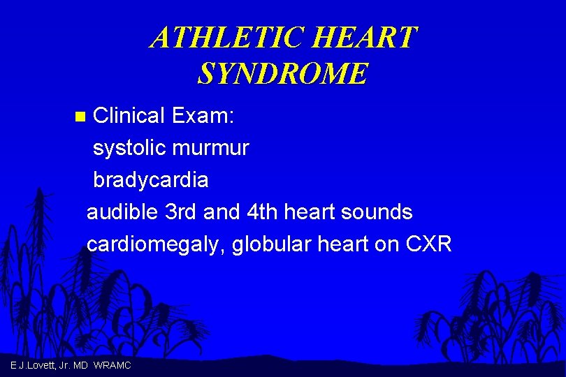 ATHLETIC HEART SYNDROME Clinical Exam: systolic murmur bradycardia audible 3 rd and 4 th
