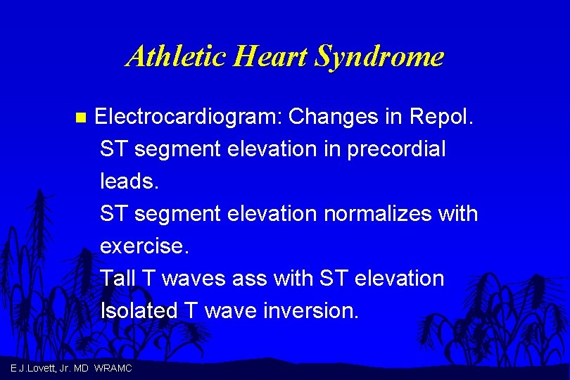 Athletic Heart Syndrome n Electrocardiogram: Changes in Repol. ST segment elevation in precordial leads.