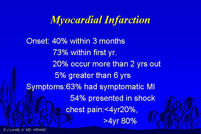 Myocardial Infarction Onset: 40% within 3 months 73% within first yr. 20% occur more