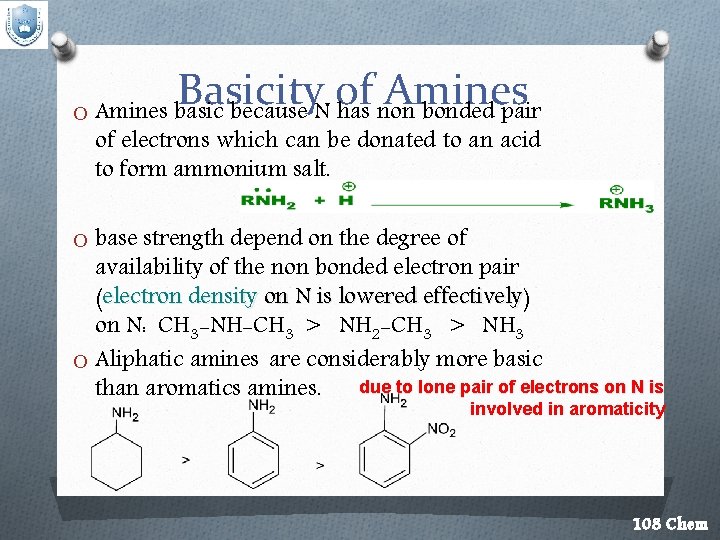 Basicity of Amines O Amines basic because N has non bonded pair of electrons