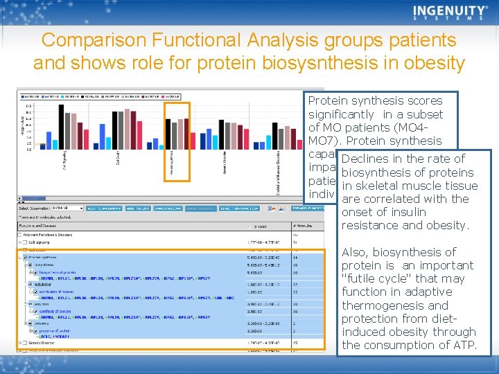 Comparison Functional Analysis groups patients and shows role for protein biosysnthesis in obesity Protein