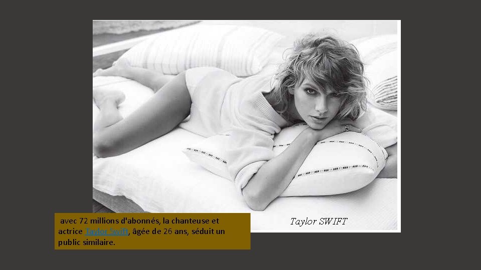  avec 72 millions d'abonnés, la chanteuse et actrice Taylor Swift, âgée de 26