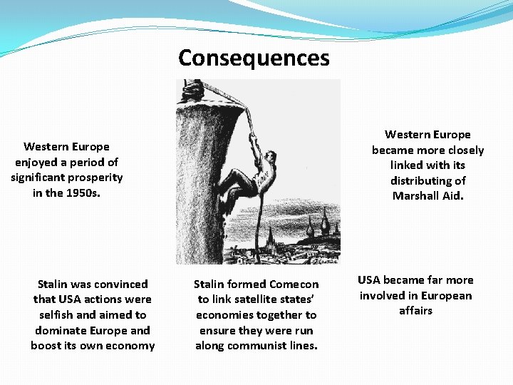 Consequences Western Europe became more closely linked with its distributing of Marshall Aid. Western