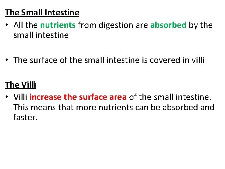 The Small Intestine • All the nutrients from digestion are absorbed by the small