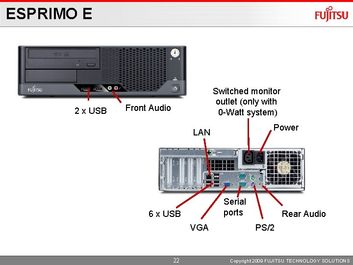 ESPRIMO E 2 x USB Switched monitor outlet (only with 0 -Watt system) Front