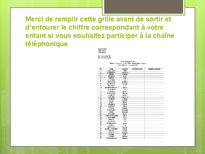 Merci de remplir cette grille avant de sortir et d’entourer le chiffre correspondant à