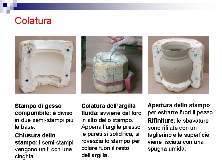 Colatura Stampo di gesso componibile: è diviso in due semi-stampi più la base. Chiusura