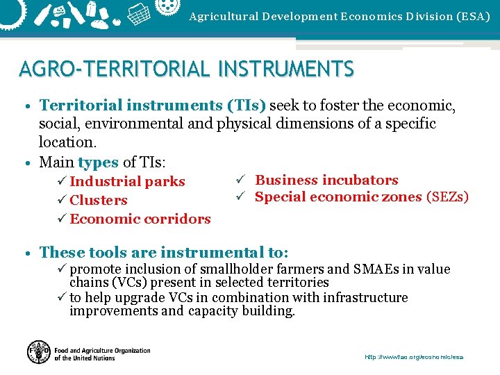 Agricultural Development Economics Division (ESA) AGRO-TERRITORIAL INSTRUMENTS • Territorial instruments (TIs) seek to foster