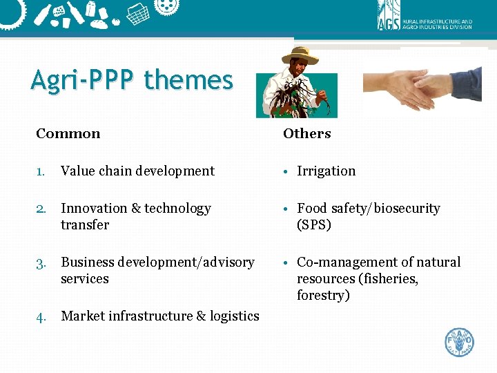 Agri-PPP themes Common Others 1. • Irrigation Value chain development 2. Innovation & technology