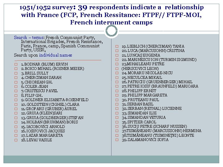 1951/1952 survey: 39 respondents indicate a relationship with France (FCP, French Ressitance: FTPF// FTPF-MOI,