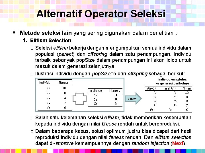 Alternatif Operator Seleksi § Metode seleksi lain yang sering digunakan dalam penelitian : 1.