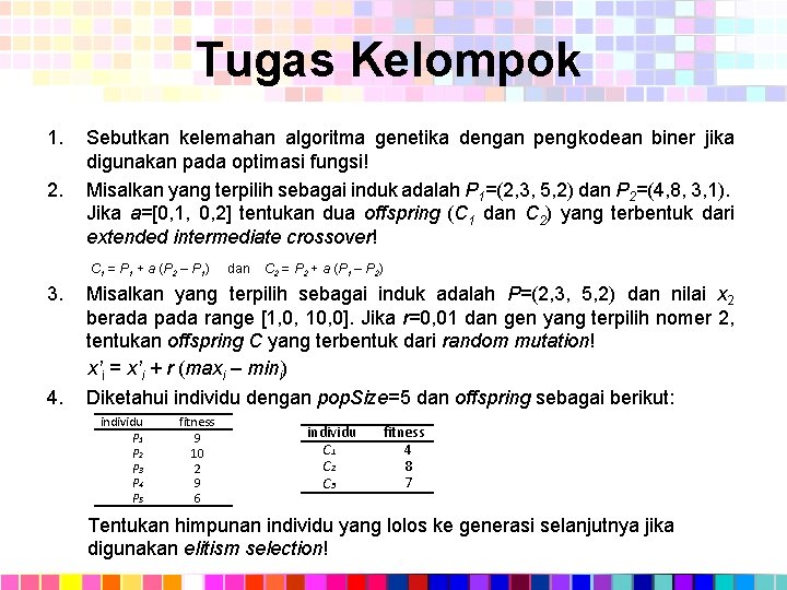 Tugas Kelompok 1. 2. Sebutkan kelemahan algoritma genetika dengan pengkodean biner jika digunakan pada