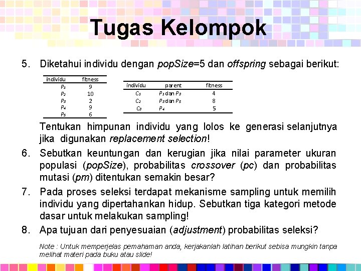 Tugas Kelompok 5. Diketahui individu dengan pop. Size=5 dan offspring sebagai berikut: individu P