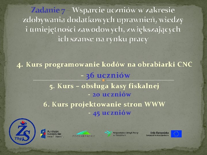 Zadanie 7 – Wsparcie uczniów w zakresie zdobywania dodatkowych uprawnień, wiedzy i umiejętności zawodowych,