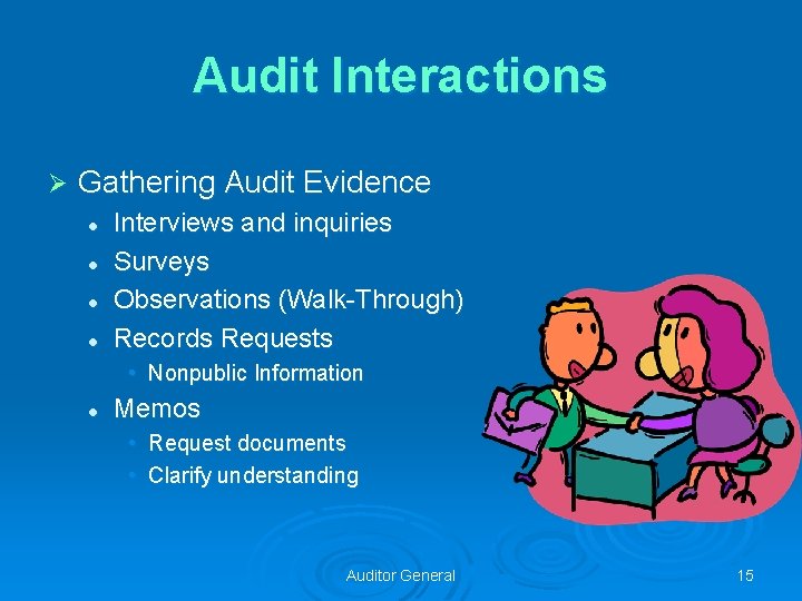 Audit Interactions Ø Gathering Audit Evidence l l Interviews and inquiries Surveys Observations (Walk-Through)