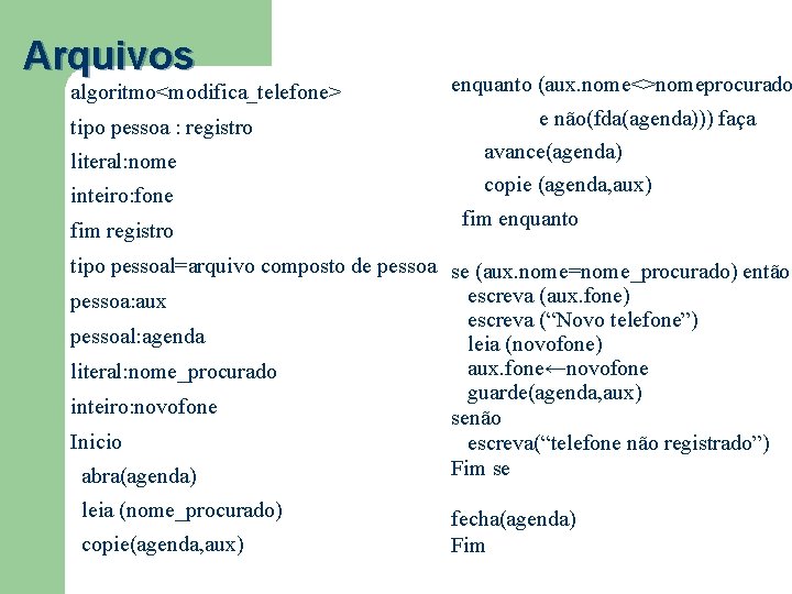 Arquivos algoritmo<modifica_telefone> tipo pessoa : registro literal: nome inteiro: fone fim registro enquanto (aux.