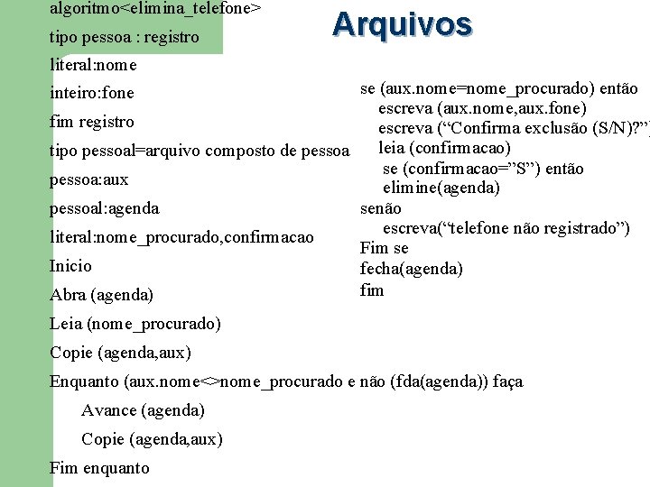 algoritmo<elimina_telefone> tipo pessoa : registro Arquivos literal: nome se (aux. nome=nome_procurado) então escreva (aux.