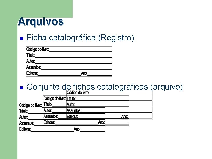 Arquivos Ficha catalográfica (Registro) Conjunto de fichas catalográficas (arquivo) 
