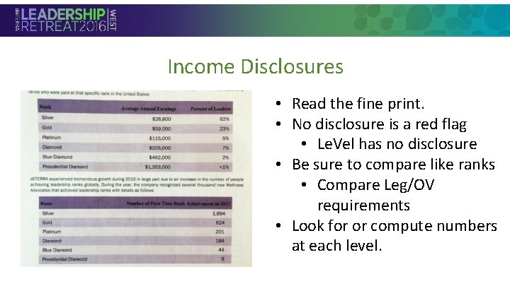 Income Disclosures • Read the fine print. • No disclosure is a red flag Income Disclosures • Read the fine print. • No disclosure is a red flag