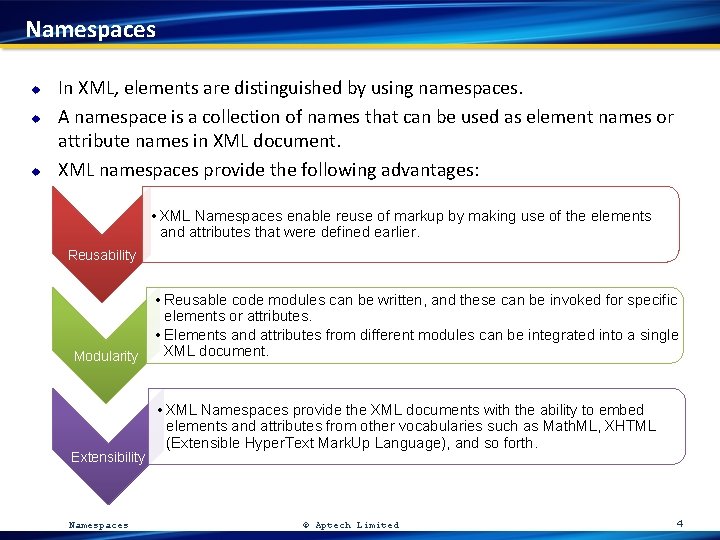 Namespaces u u u In XML, elements are distinguished by using namespaces. A namespace