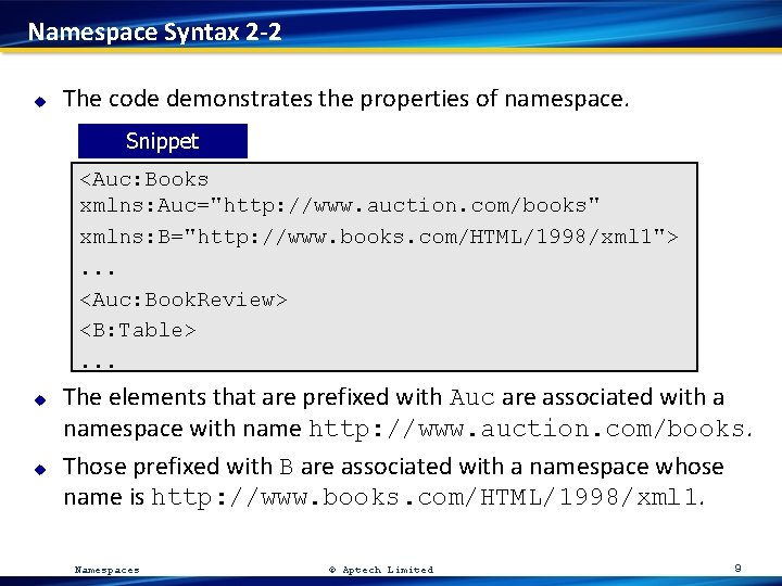 Namespace Syntax 2 -2 u The code demonstrates the properties of namespace. Snippet <Auc: