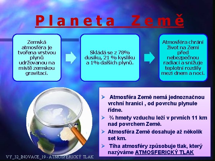 Planeta Zemská atmosféra je tvořena vrstvou plynů udržovanou na místě zemskou gravitací. Země Skládá