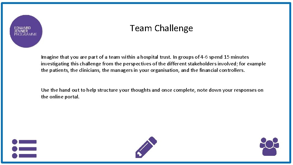Team Challenge Imagine that you are part of a team within a hospital trust.