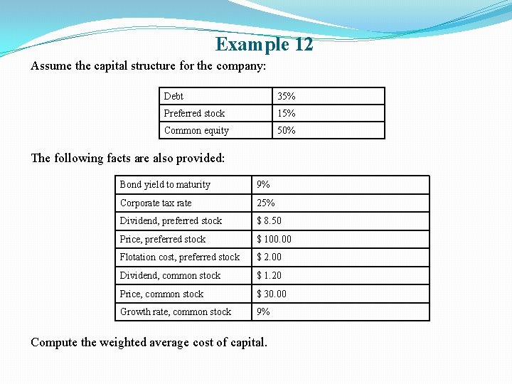 Example 12 Assume the capital structure for the company: Debt 35% Preferred stock 15%